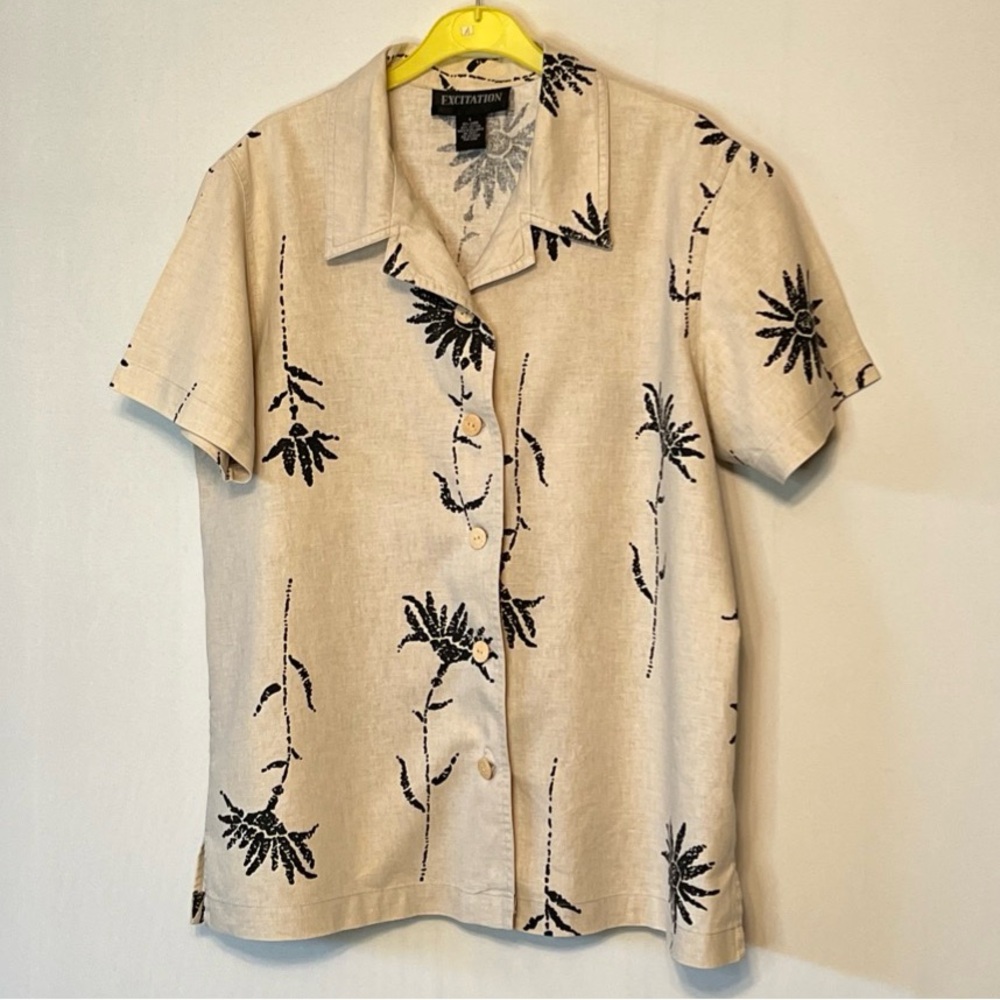 Vtg. Excitation Linen Cotton Blouse Women Large  Floral Detailed Coastal Novelty